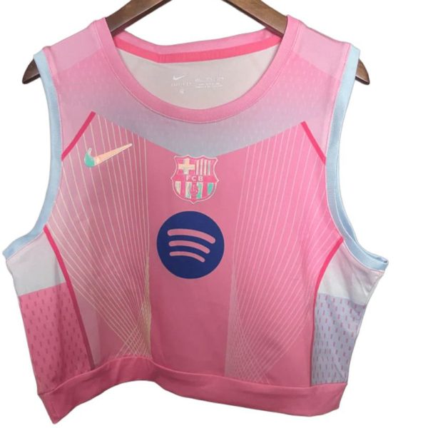 Pink sleeveless gym vest with FC Barcelona crest and Spotify logo on the front.