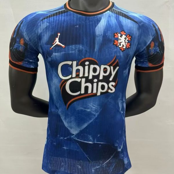 Blue soccer jersey on a display bust with orange trim and the 'Chippy Chips' sponsor logo across the front.