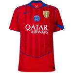 Red Paris Saint-Germain soccer jersey with blue trim, featuring the PSG crest and Qatar Airways sponsor on the chest, front view.