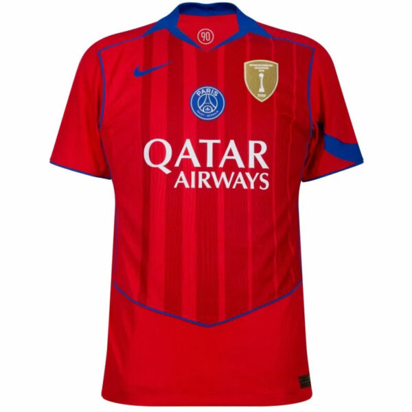 Red Paris Saint-Germain soccer jersey with blue trim, featuring the PSG crest and Qatar Airways sponsor on the chest, front view.
