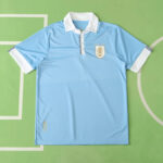Light blue polo shirt with white collar and cuffs laid flat, crest on left chest on a green background.
