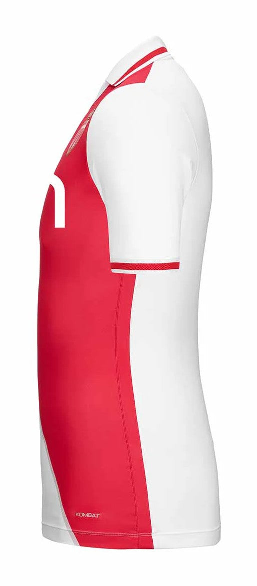 3iHE1XriHg2W1IU | UAE SPORT STORE Side view of a white and red athletic polo shirt with red side panel and white sleeves; branded Kombat at the hem.