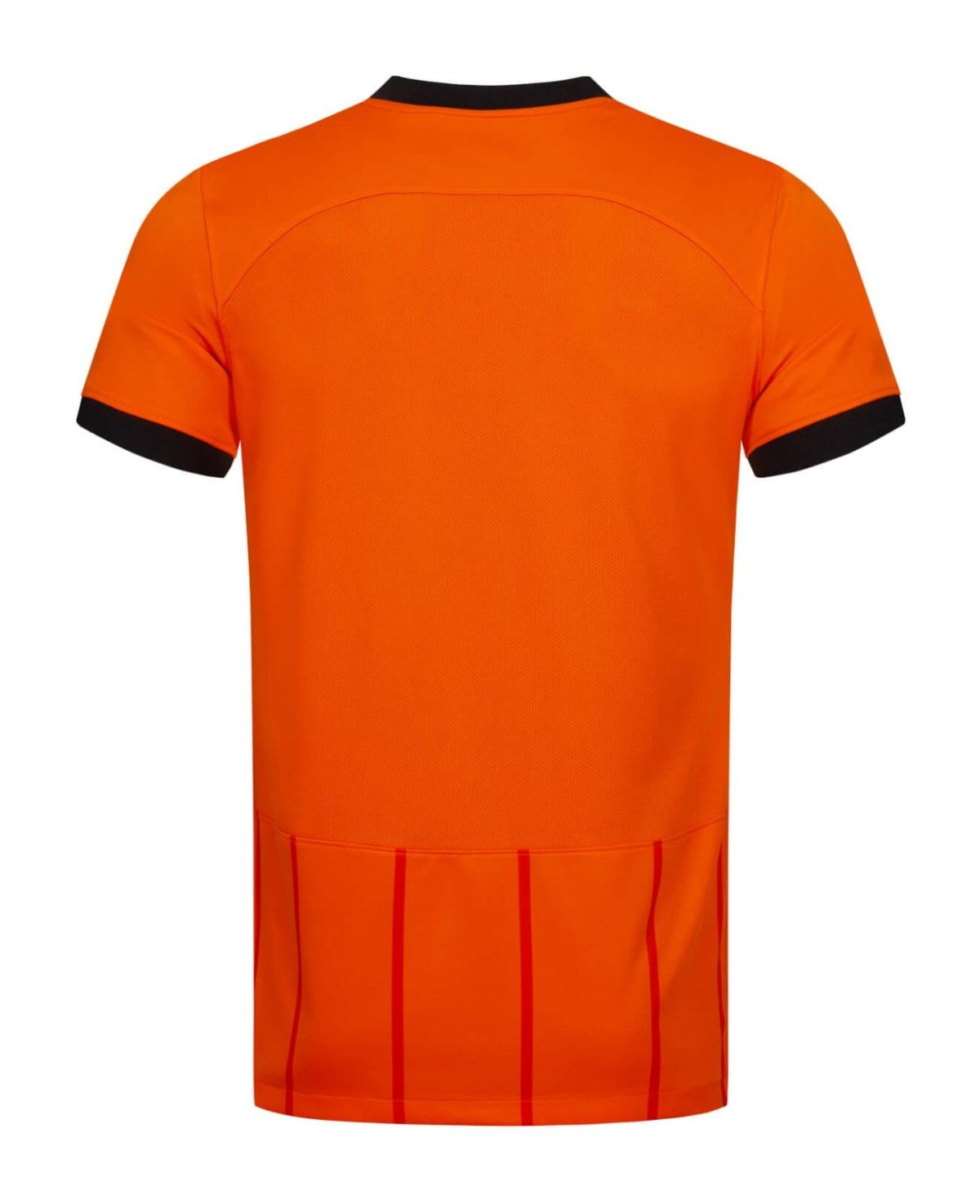 Back view of a bright orange high-visibility shirt with black collar and cuffs; ribbed neckline and reflective-like pattern at hem edges.