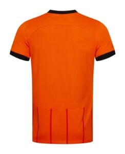 3iL3dv2HwrAnGvp | UAE SPORT STORE Back view of a bright orange high-visibility shirt with black collar and cuffs; ribbed neckline and reflective-like pattern at hem edges.
