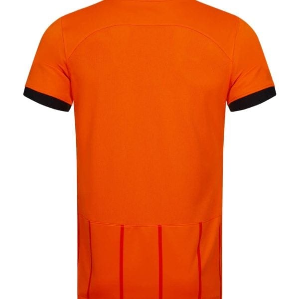 Back view of a bright orange high-visibility shirt with black collar and cuffs; ribbed neckline and reflective-like pattern at hem edges.