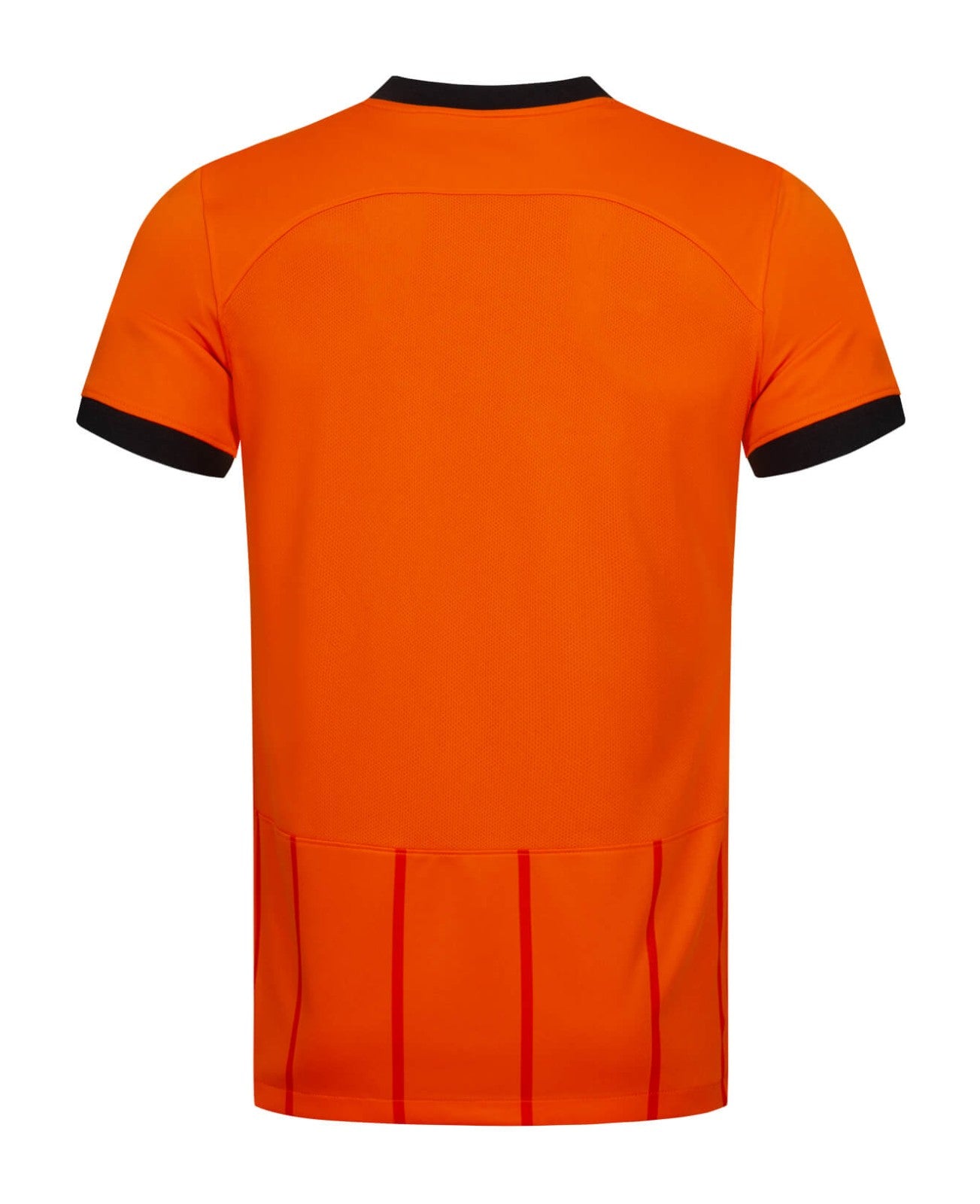 3iL3dv2HwrAnGvp | UAE SPORT STORE Back view of a bright orange high-visibility shirt with black collar and cuffs; ribbed neckline and reflective-like pattern at hem edges.