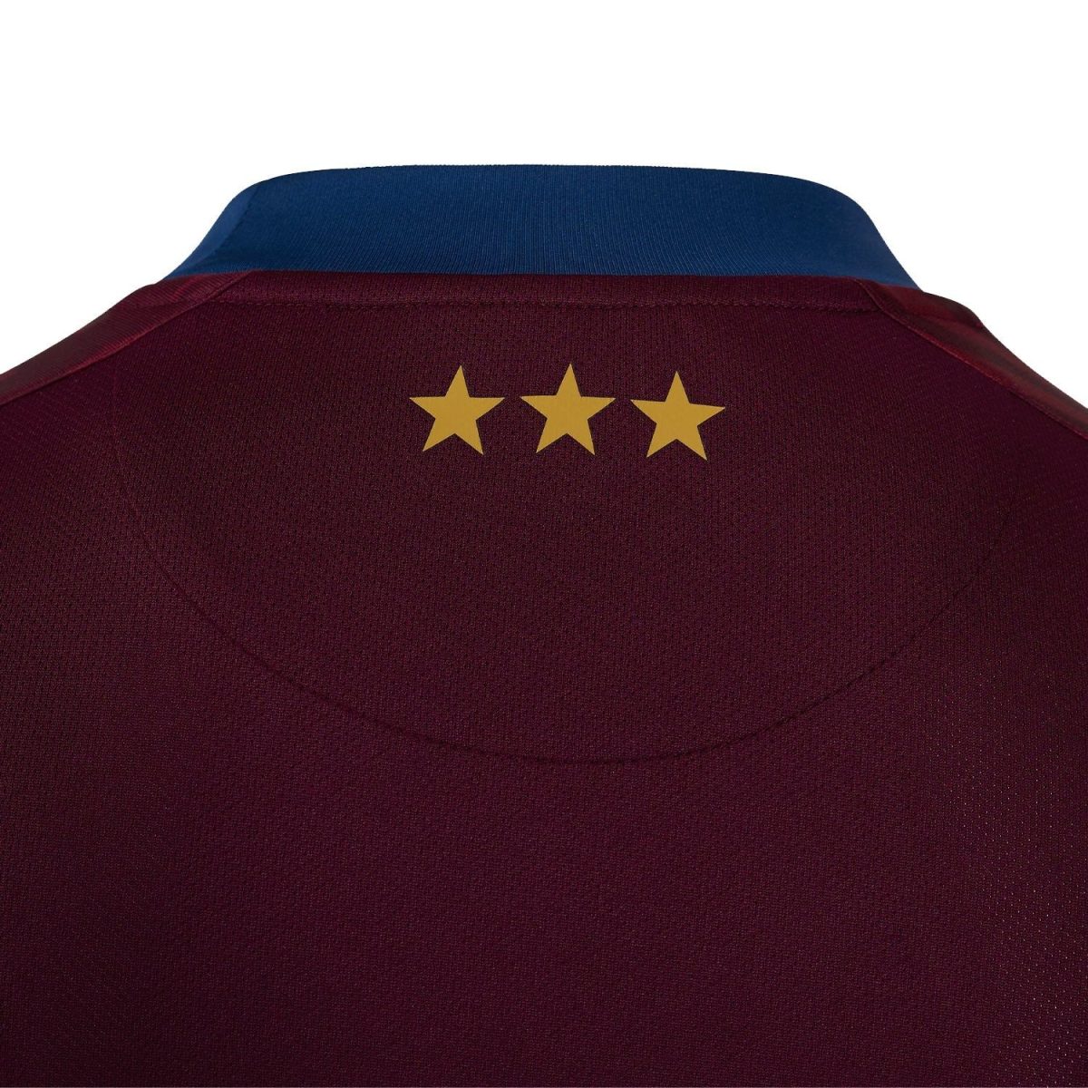 Back view of a burgundy polo shirt with a blue collar and four gold stars on the upper back.