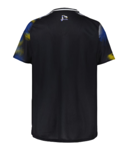 Back view of a black athletic jersey with blue and yellow patterned sleeves and a small logo near the neck.