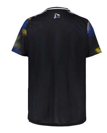 Back view of a black athletic jersey with blue and yellow patterned sleeves and a small logo near the neck.