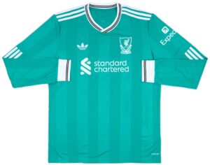 Teal Liverpool FC away jersey with white striped shoulders and sponsor logos