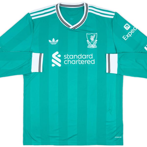 Teal Liverpool FC away jersey with white striped shoulders and sponsor logos