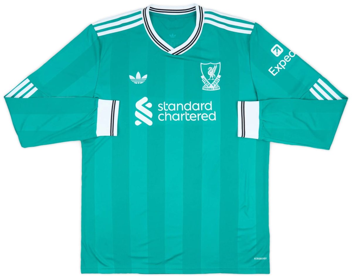 Teal Liverpool FC away jersey with white striped shoulders and sponsor logos