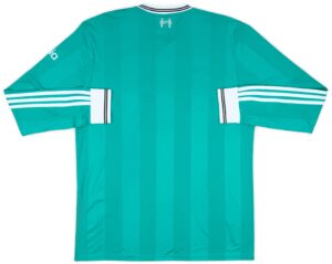 Back view of teal long-sleeve athletic jersey with white striped cuffs and a black-and-white collar trim