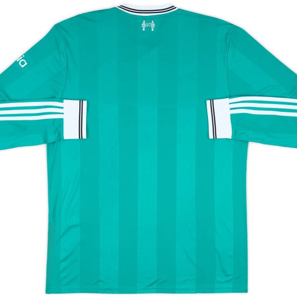 Back view of teal long-sleeve athletic jersey with white striped cuffs and a black-and-white collar trim