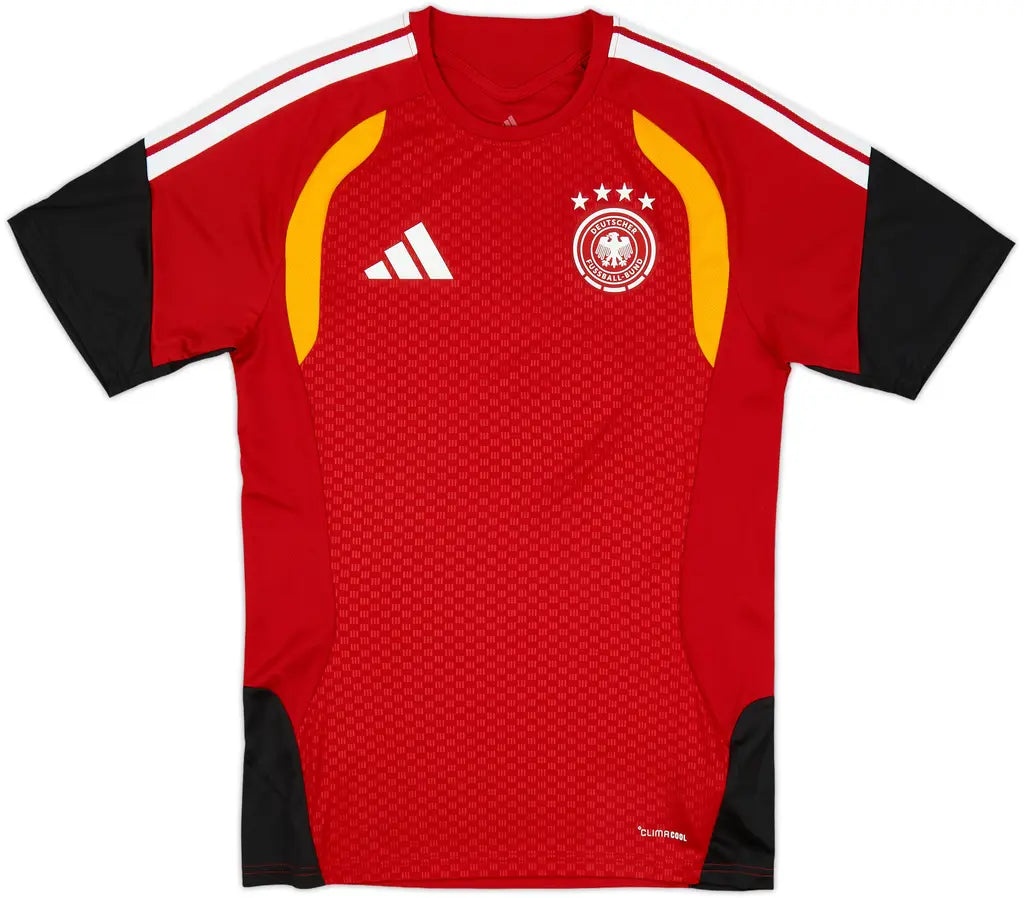 4068816689952-1_vpftv0ueyqx2moew Red soccer jersey with white Adidas logo and DFB crest, black sleeves, and yellow shoulder accents.