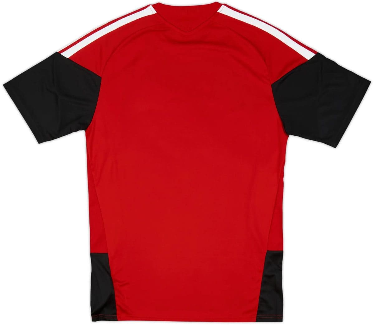 Red athletic jersey with black sleeves and white shoulder stripes. (Back view)