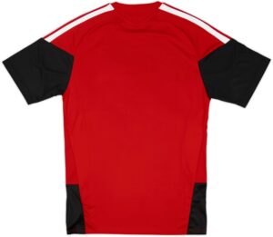 Red athletic jersey with black sleeves and white shoulder stripes. (Back view)