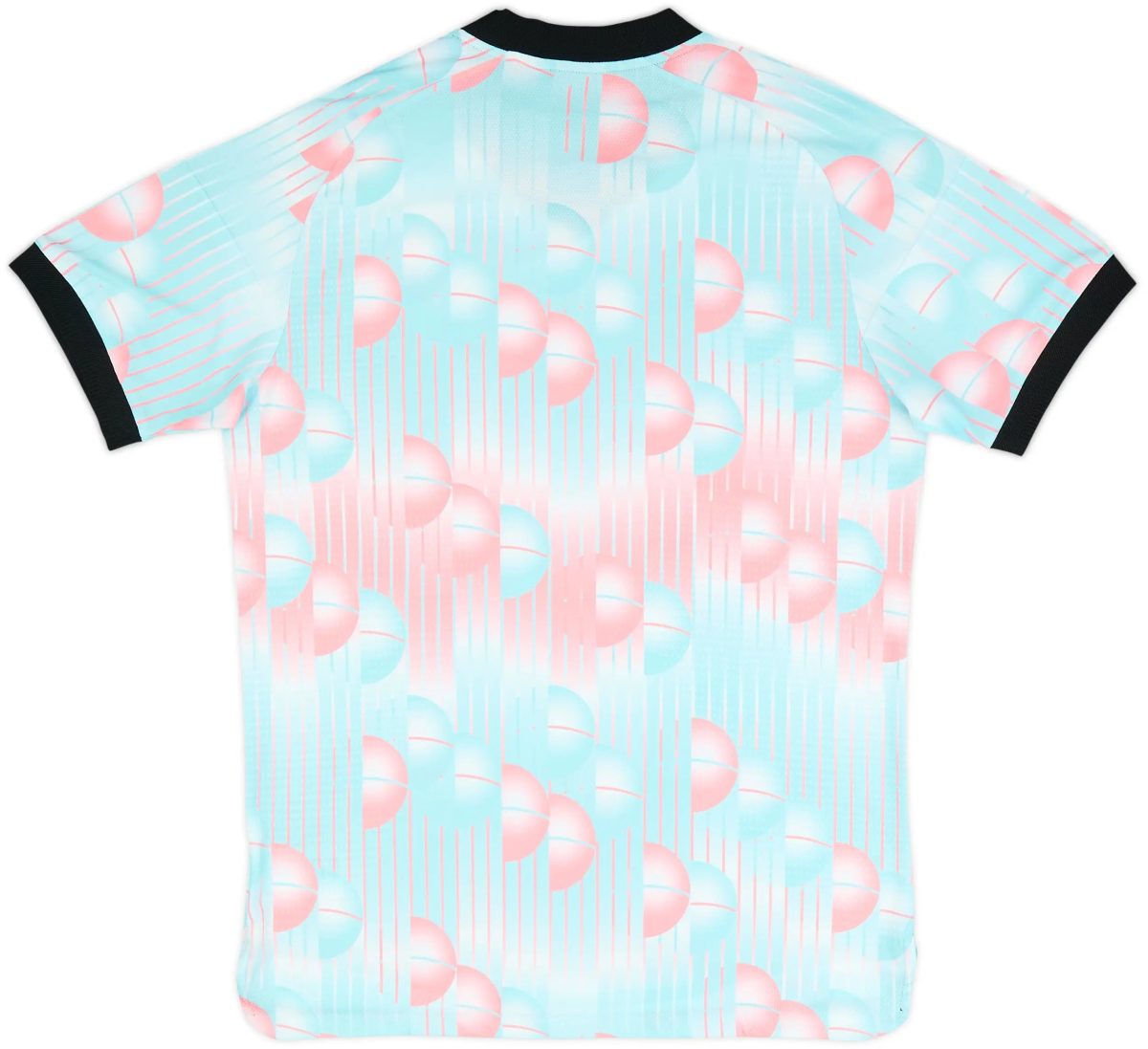 Back view of a pastel blue-pink tie-dye shirt with black cuffs at the sleeves and collar edge.