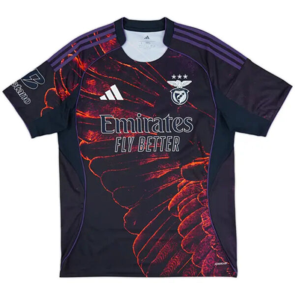 Benfica football jersey by Adidas with Emirates Fly Better sponsor and red wing pattern on a dark base.