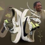 Beige and white Nike sneakers stacked on a brown background, black swoosh visible, with a person in a beige jacket smiling in the background.