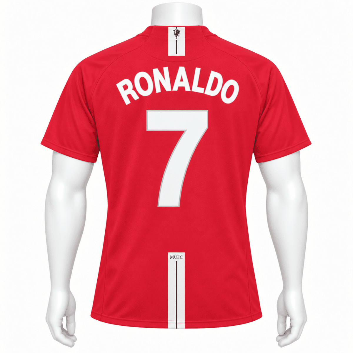 Manchester United home kit with Ronaldo 7 name and number, red jersey, back view.