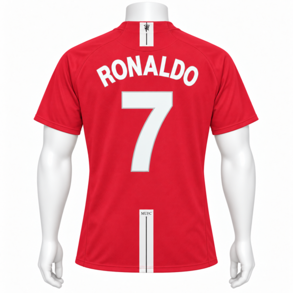 Manchester United home kit with Ronaldo 7 name and number, red jersey, back view.
