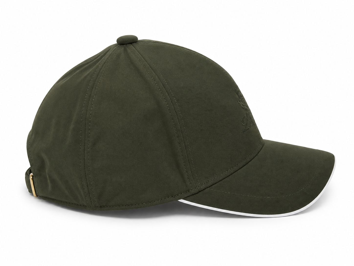 40ae8fc9-2486-4a23-8e6e-9b7e533d479a | UAE SPORT STORE Olive green baseball cap shown from the side, with a white-trimmed curved brim and back strap.