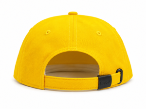 Yellow baseball cap shown from the back with an adjustable strap and black buckle