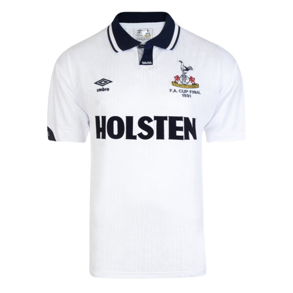 White polo shirt with a navy collar featuring a large HOLSTEN sponsor logo across the chest and a crest on the left, plus an Umbro badge on the right shoulder area; FA Cup Final 1991 detail visible.