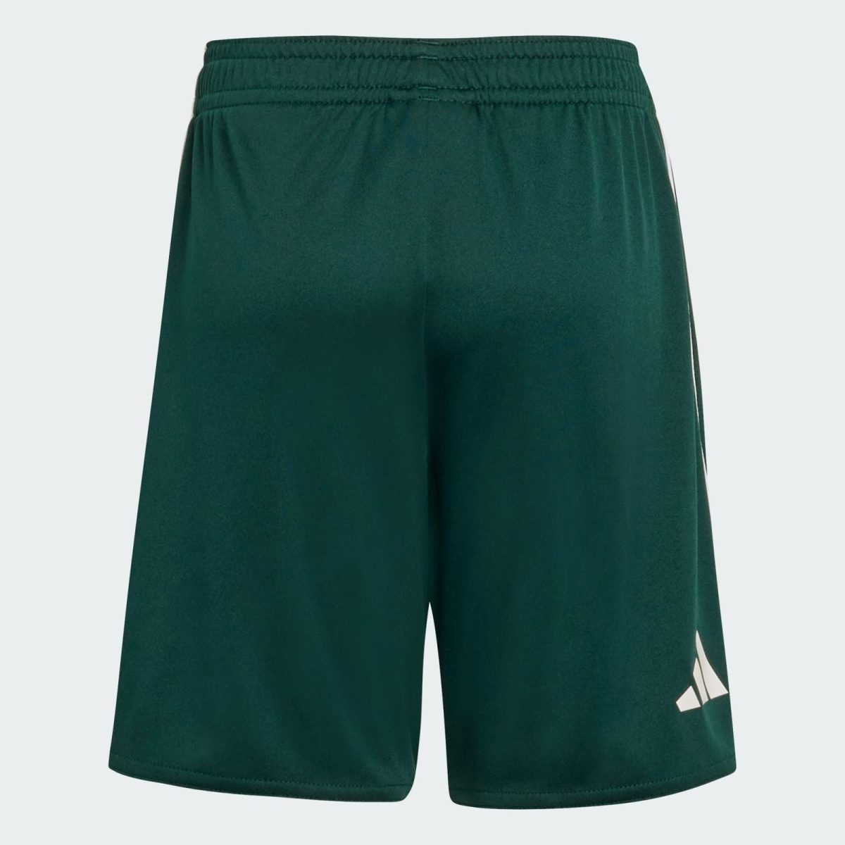 Dark green athletic shorts with an elastic waistband, knee-length and a white logo on the right leg.