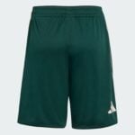 Dark green athletic shorts with an elastic waistband, knee-length and a white logo on the right leg.