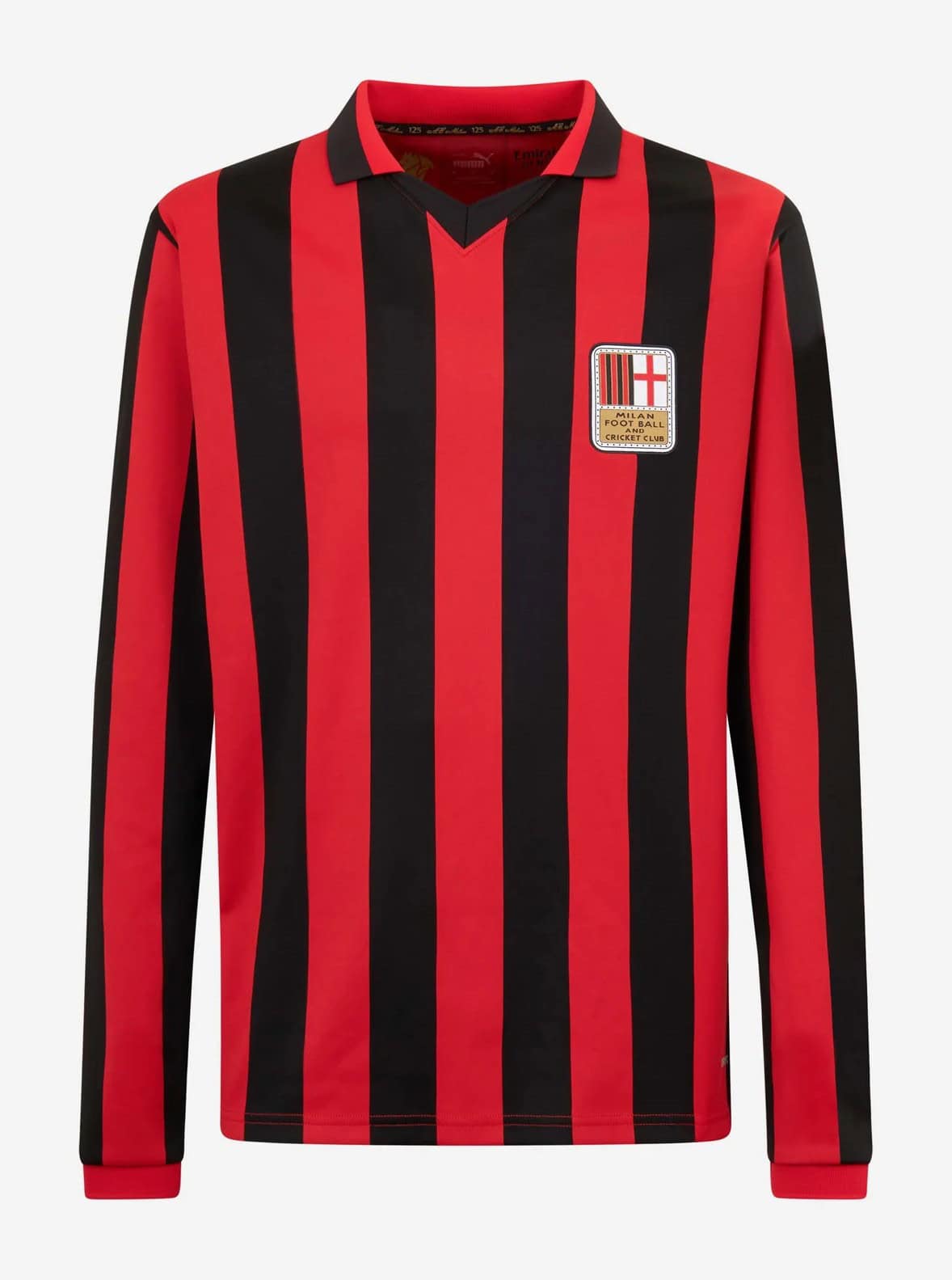 42sF3O54d9vr6DW | UAE SPORT STORE Red and black vertical striped soccer jersey with crest on the chest, likely Milan Football Club badge visible on the front.