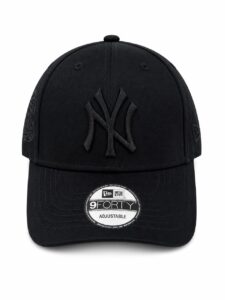 Black baseball cap with the New York Yankees logo, adjustable strap, front view.
