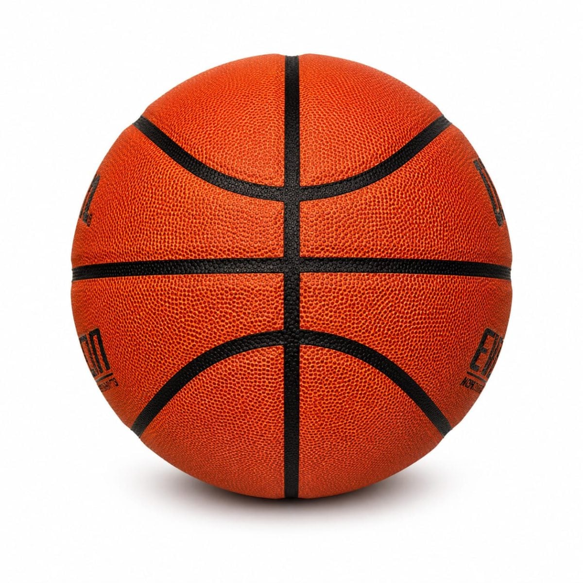 Orange basketball with black seams on a white background.