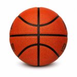 Orange basketball with black seams on a white background.