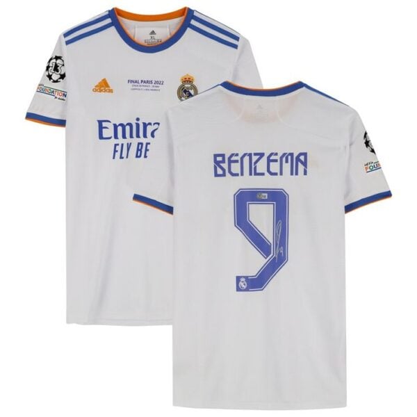 White Real Madrid soccer jersey with blue-orange trim, front displays Emirates Fly Better sponsor, and back shows 'BENZEMA' with the number 9 in blue.