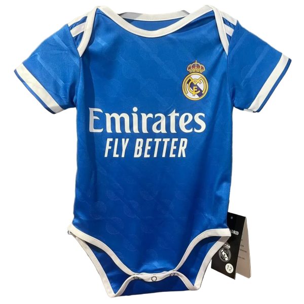 Blue Real Madrid baby onesie with white trim and crest, featuring the 'Emirates Fly Better' sponsor text at front.