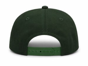 Green baseball cap viewed from the back, showing a green adjustable strap and snap closure