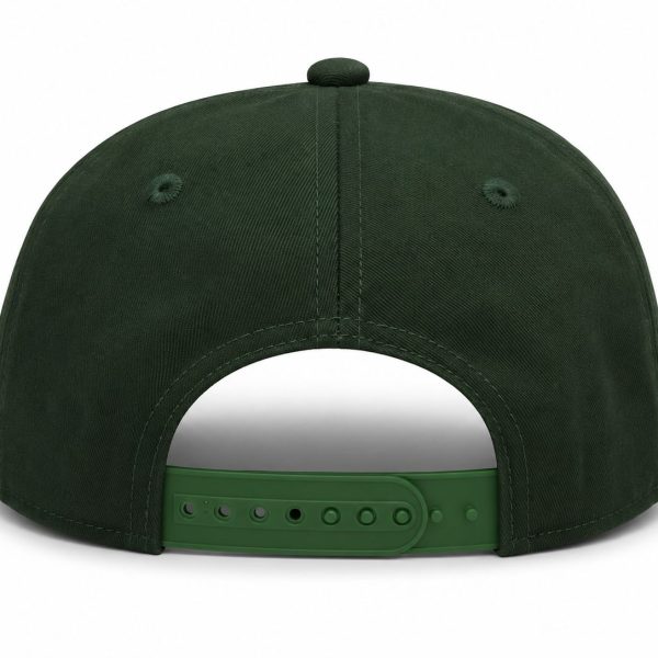 Green baseball cap viewed from the back, showing a green adjustable strap and snap closure