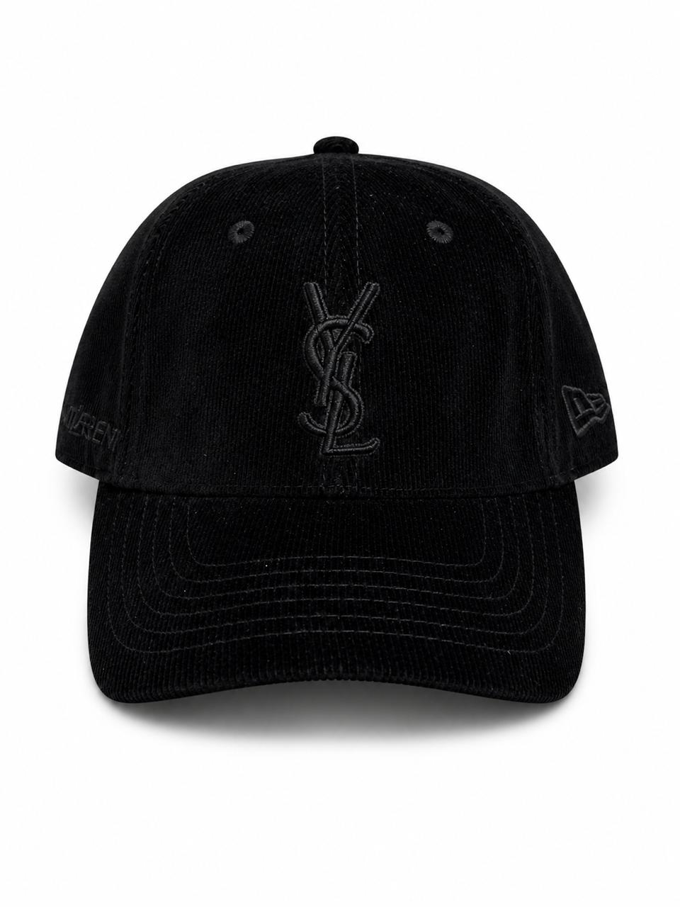 44c0caf7-7f6a-4b32-911c-8d54c95c93e1 | UAE SPORT STORE Black baseball cap with the YSL monogram embroidered on the front panel and subtle side branding on a black fabric cap with a curved brim.