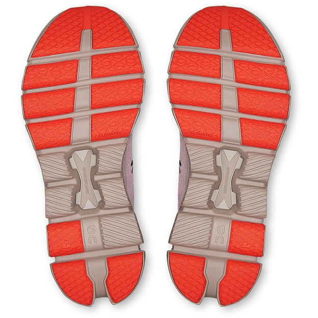 457375_422_234_59_e | UAE SPORT STORE Bottom view of two red running shoes with gray midsoles and segmented tread patterns a】