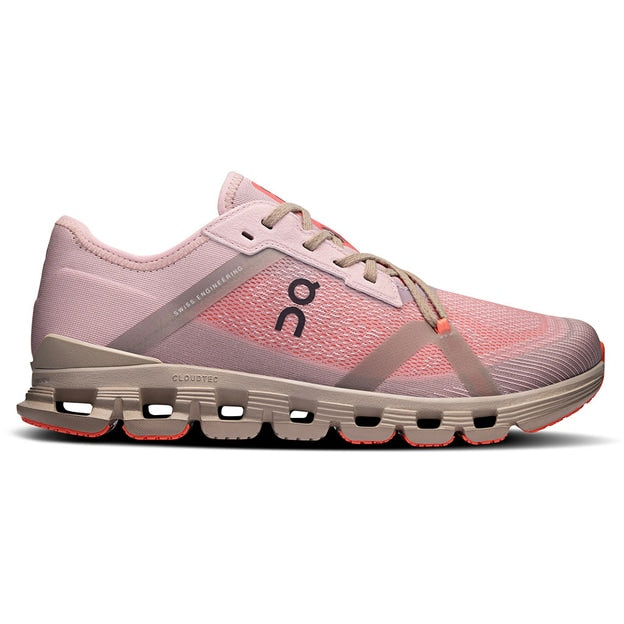 457379_422_234_59_a | UAE SPORT STORE Pink women's running shoe with a beige/khaki sole, mesh upper, and On logo on the side; features orange accents and a cloud-like segmented outsole.