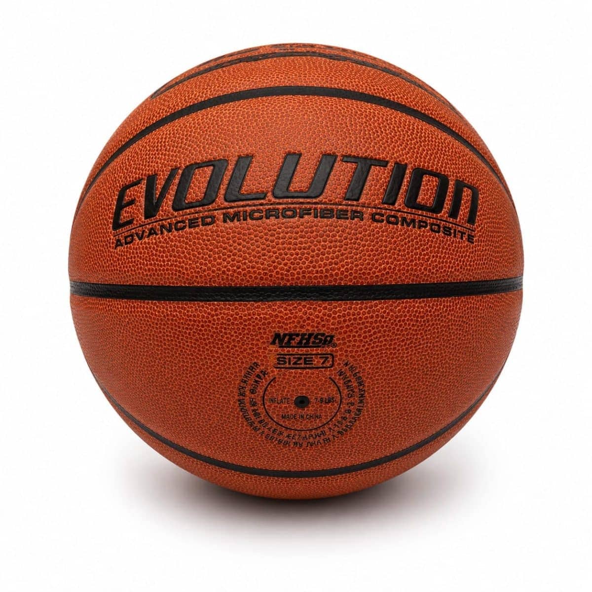 Orange basketball with pebbled texture and black seams, branding reads 'Evolution Advanced Microfiber Composite' on a white background.