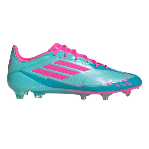 Turquoise soccer cleat with pink laces and accents, three pink stripes on the side and a studded sole for firm ground play, labeled F50.