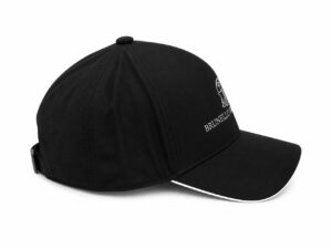 Black baseball cap with a curved bill, adjustable strap at back, and white embroidered logo on the front reading 'BRUNELLO'.