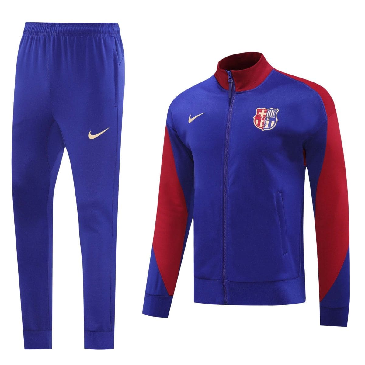 Blue FC Barcelona training tracksuit jacket with red sleeves, zipper, crest, and Nike logo; matching blue pants with Nike swoosh.