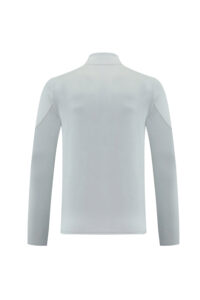 Back view of a light gray, long-sleeve shirt with a stand-up collar.