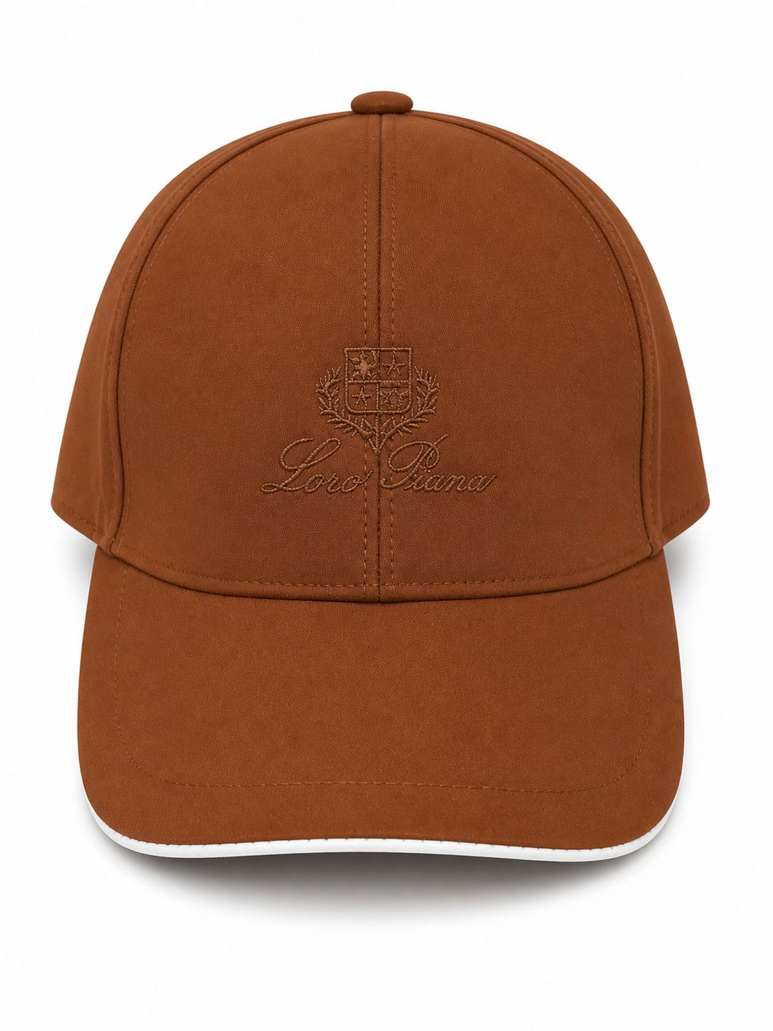 483c02df-7a80-453f-8002-9f959721801d | UAE SPORT STORE Brown baseball cap with an embroidered crest and 'Loro Piana' script on the front panel.