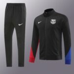 Black tracksuit jacket with FC Barcelona crest and white Nike swoosh, paired with black pants and red/blue side panels.
