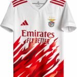 White Benfica football jersey on a hanger with red abstract stripes, club crest, and Emirates Fly Better sponsor text